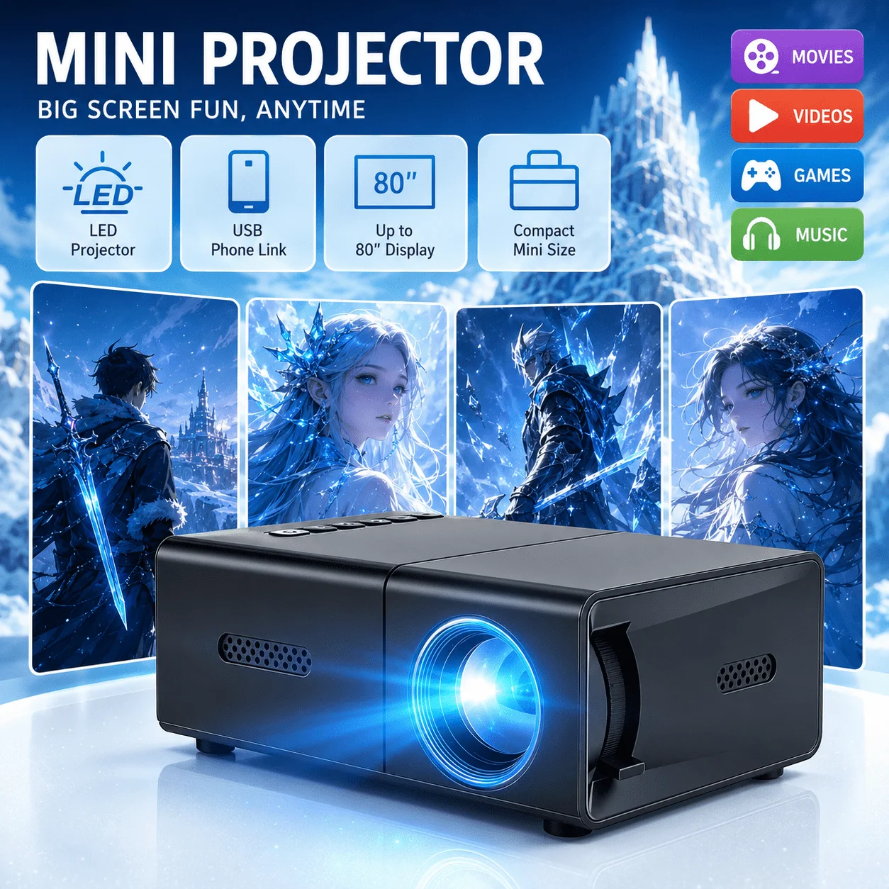 Home Cinema Gaming - Mini portable projector, compatible with home